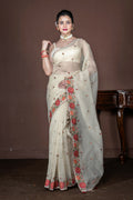 Morchari Beige Supernet Cross Embroidery Saree Unstitched Blouse - Distacart