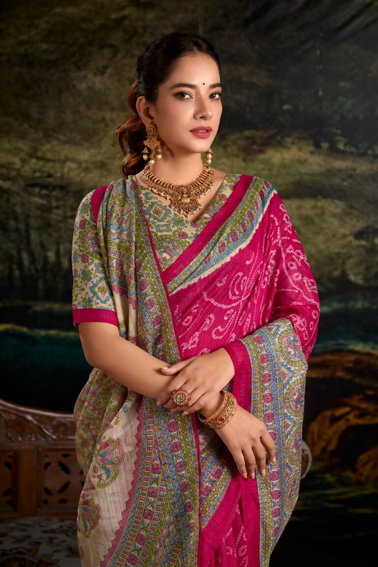 Vastranavya Pink Silk Madhubani & Bandhej Fusion Print Saree with Unstitched Blouse