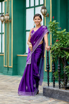 Vastranavya Purple-Blue Embroidery Work Shimmer Chiffon Saree with Unstitched Blouse - Distacart
