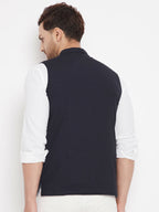 Even Apparels Navy Merino Men's Nehru Jacket-Contrast Lining-Inbuilt Pocket Square - Distacart