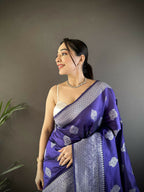 Joban Fashion Royal Blue Floral Motifs Soft Silk Banarasi Saree - Distacart