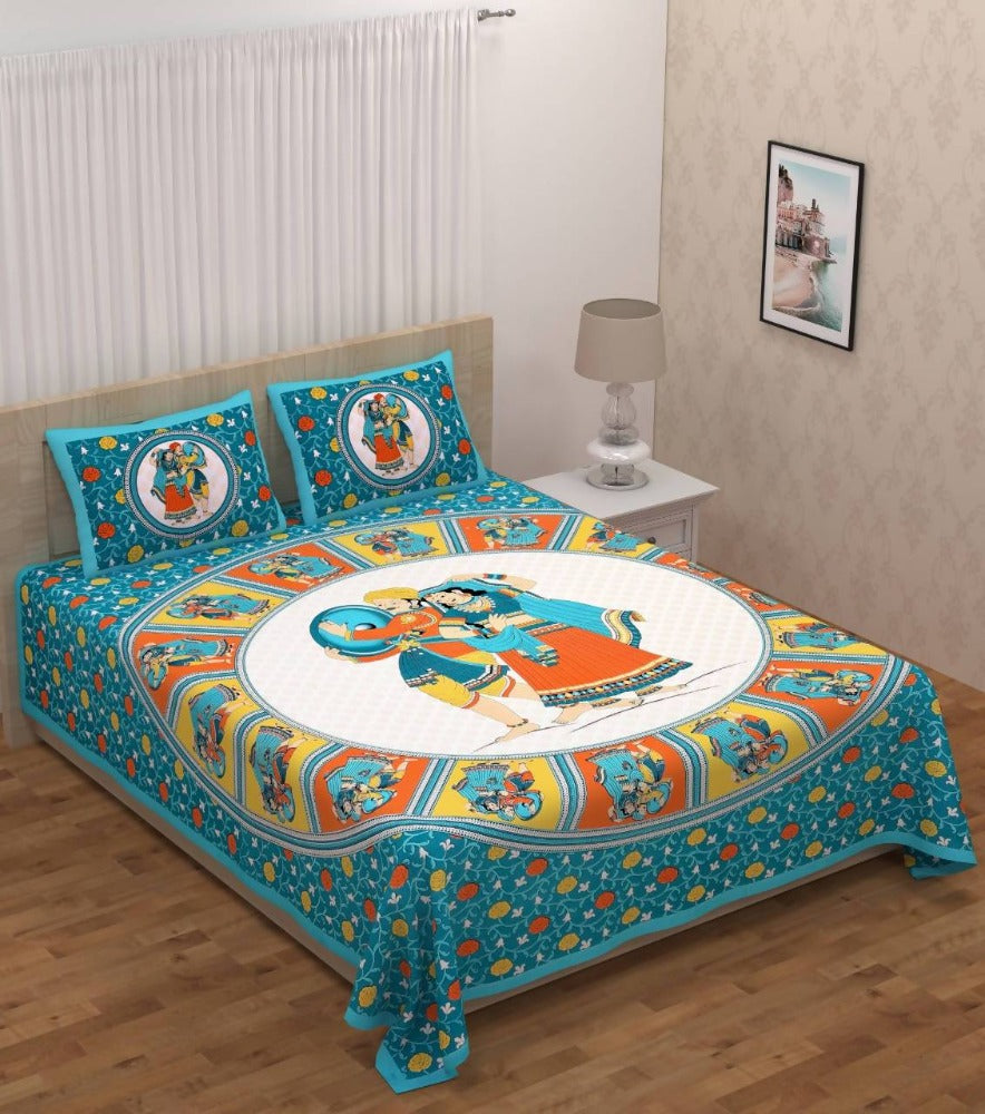 Vamika Printed Cotton Green Dafli Firozi Bedsheet With Pillow Covers (PM Dafli Firozi)