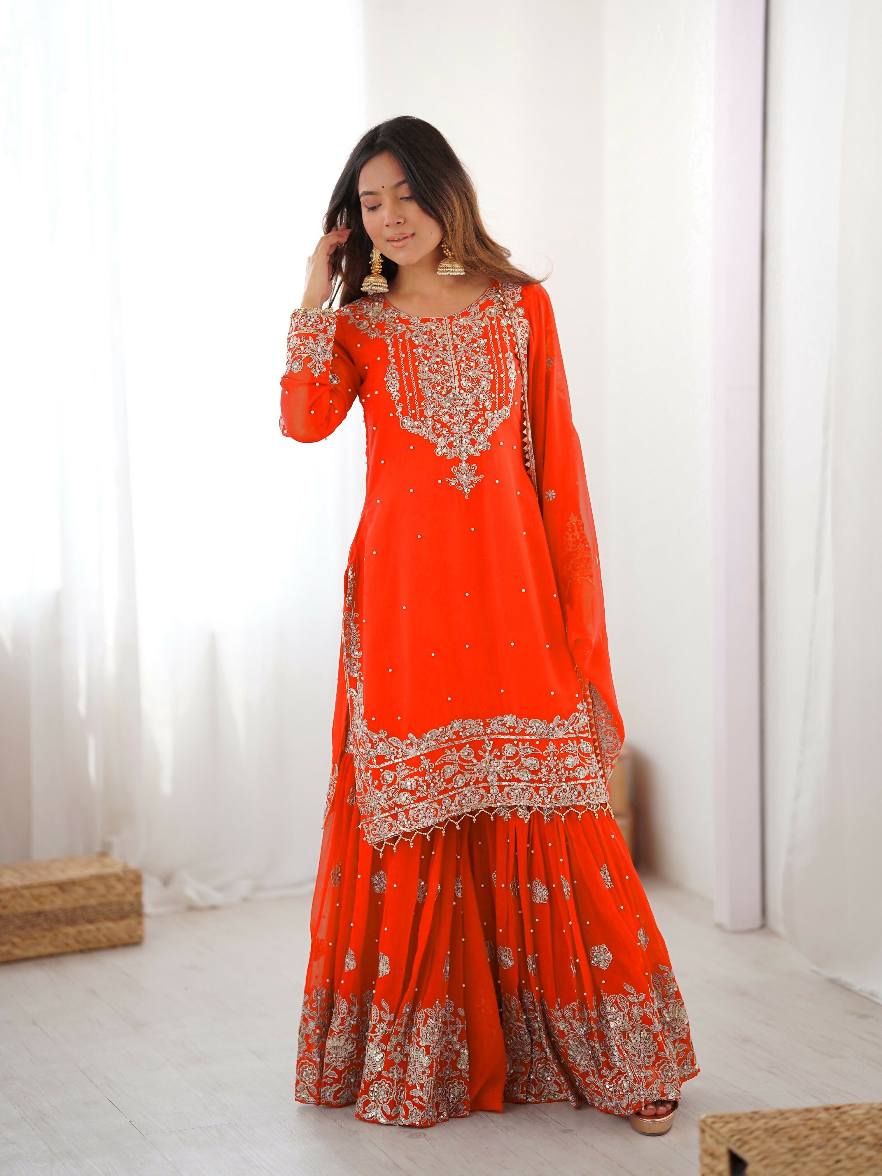 Lehenga Mart Designer Sharara Suit With Kurta, Sharara, Dupatta For Women-Orange - Distacart