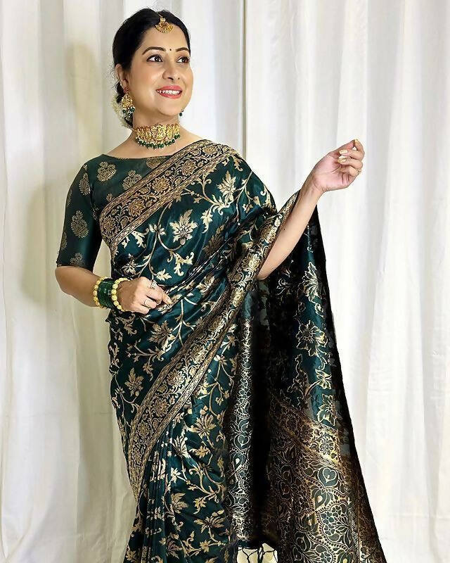 DEIANA'S Beautiful Designer Golden zari Soft Lichi Silk Saree - Teal