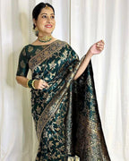 DEIANA'S Beautiful Designer Golden zari Soft Lichi Silk Saree - Teal