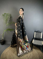 Joban Fashion Black Peacock & Floral Motifs Soft Silk Kanchipuram Saree - Distacart