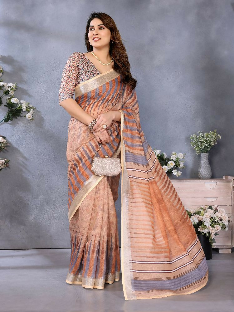 PR Fashion Brown Handloom Linen Cotton Saree