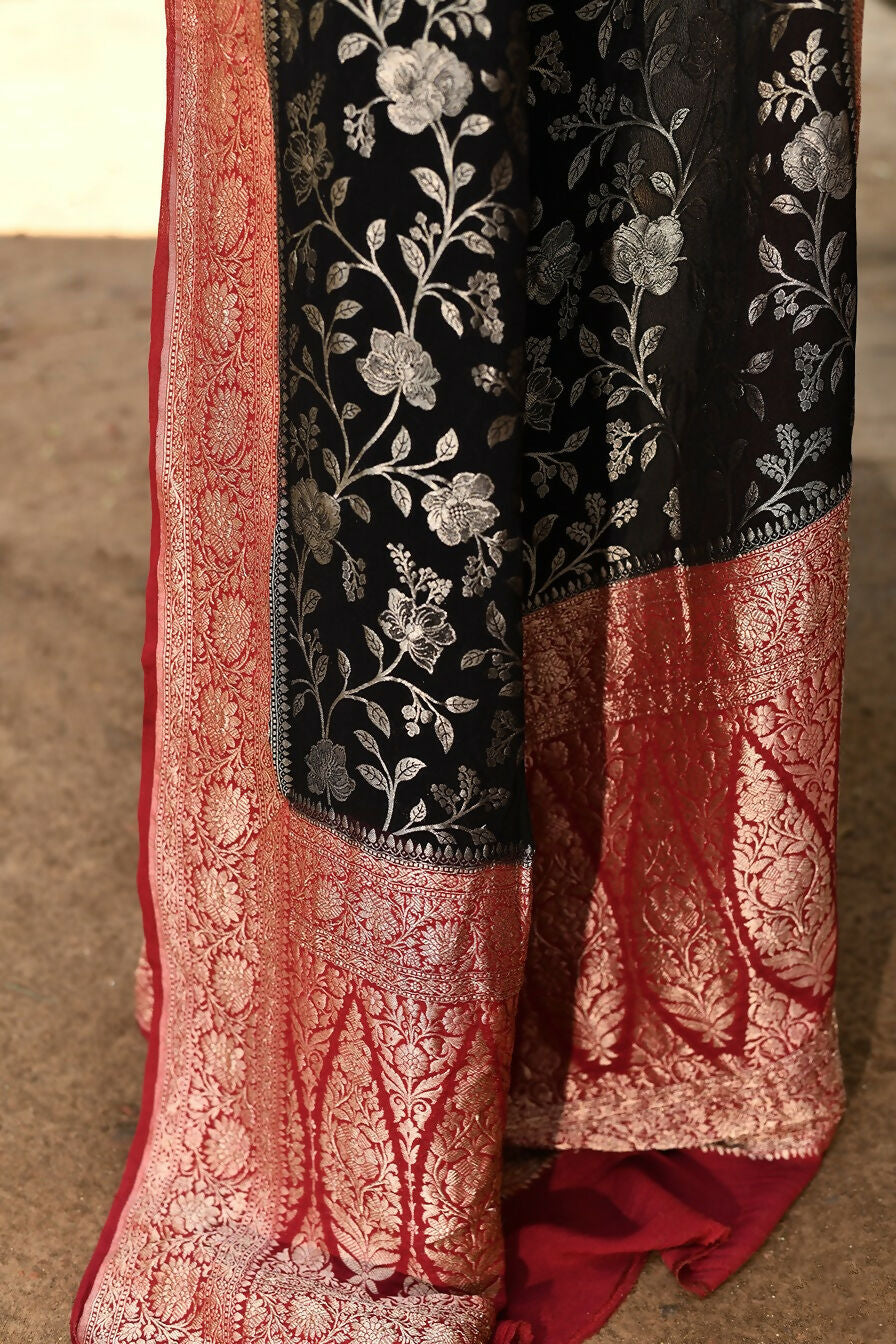 Joban Fashion Black Crepe Chiffon Pure Handloom Banarasi Silk Saree