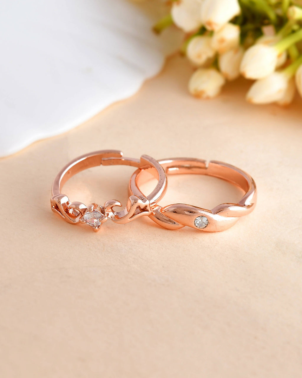 VOJ Stainless Steel Cubic Zirconia Gold-Polished Ring Set