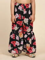 Alakhi Studio Girls Floral Georgette Printed V-Neck Kurta With Sharara - Black