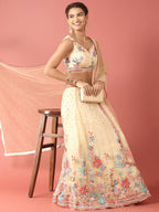 House of Panchhi Cream Net Multi colour Thread & Sequinse Work Lehenga & Blouse, Dupatta