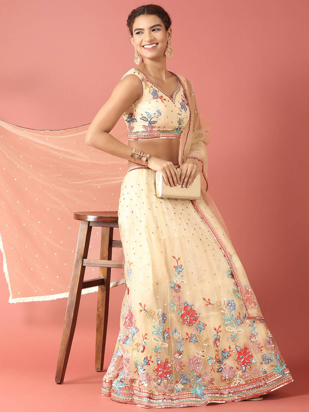 House of Panchhi Cream Net Multi colour Thread & Sequinse Work Lehenga & Blouse, Dupatta