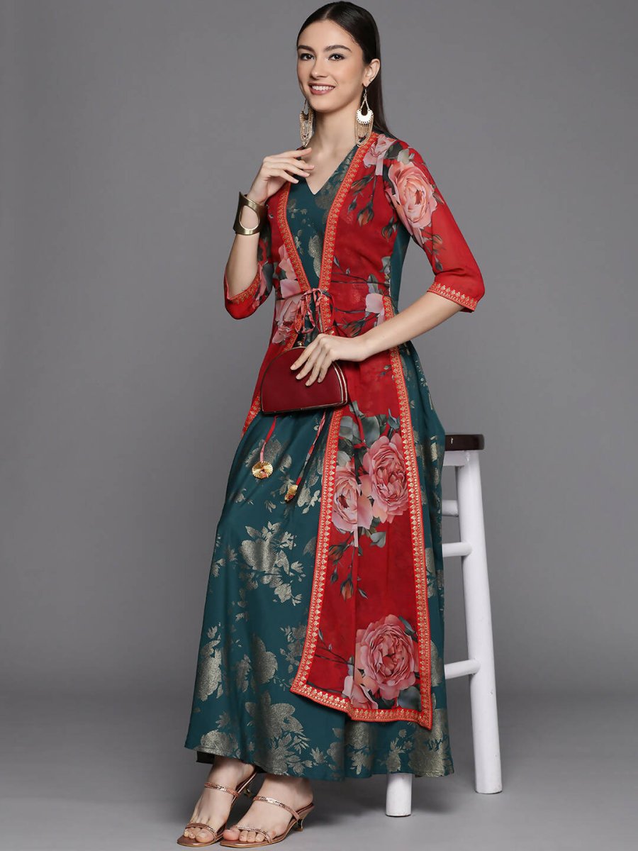 Ahalyaa Women's Green Crepe Gold Smoke Printed Dress - Distacart