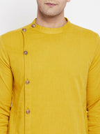 Even Apparels Yellow Pure Cotton Men's Sherwani Kurta With Asymetrical Cut - Distacart