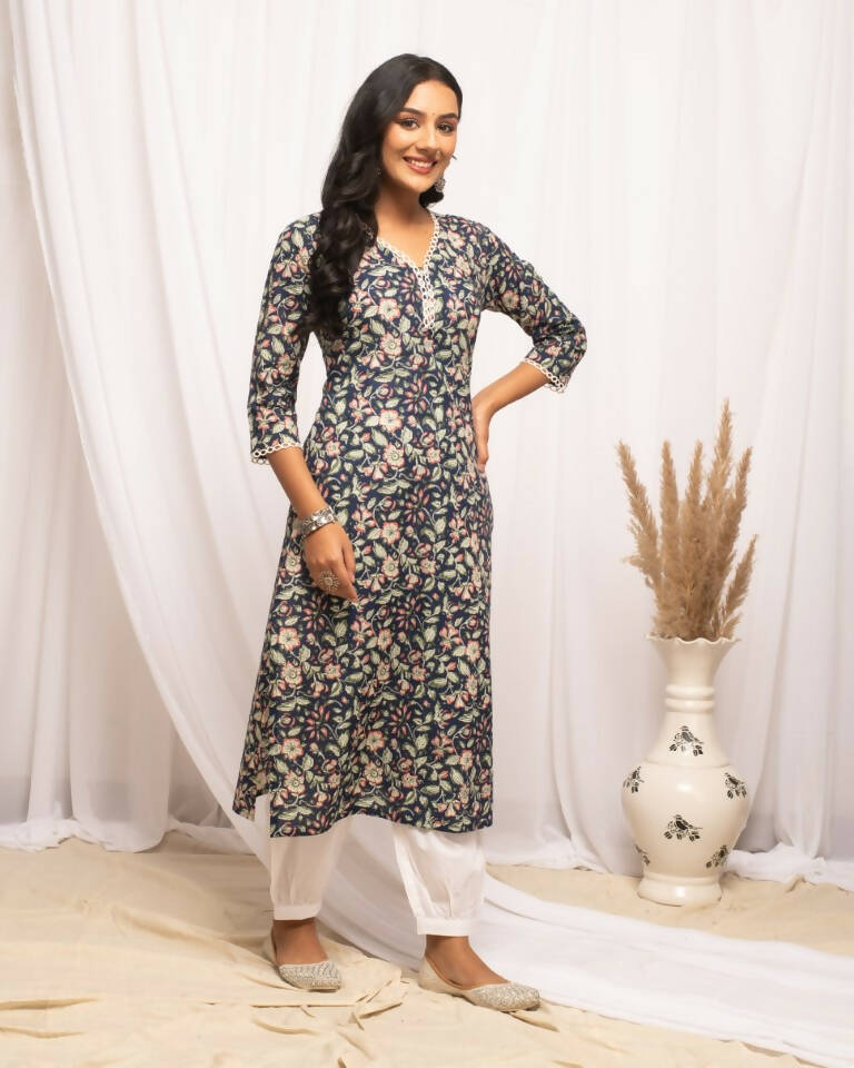 FIORRA Women's Floral Printed Blue Cotton Straight Kurta