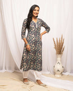 FIORRA Women's Floral Printed Blue Cotton Straight Kurta