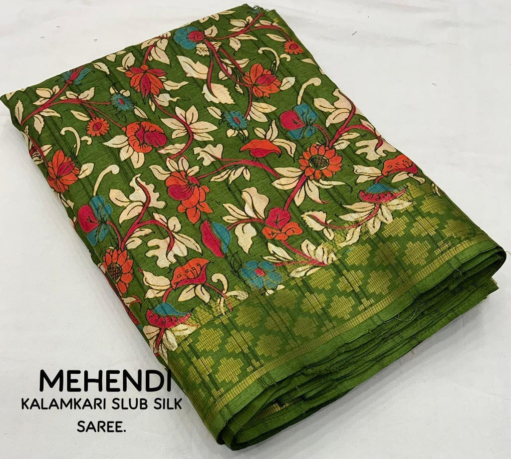 Mehndi Slub Silk Printed Saree with Unstitched Blouse - Hiral Fashion