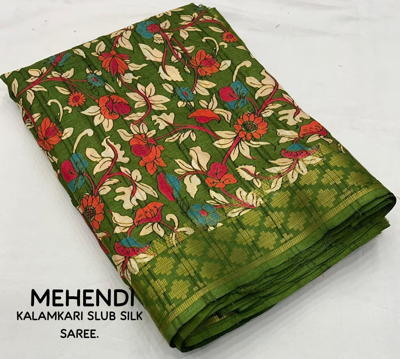 Mehndi Slub Silk Printed Saree with Unstitched Blouse - Hiral Fashion