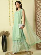 Myshka Women's Green Georgette Kurta & Skirt With Dupatta Party Sets