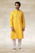 Raivat Ethnic Cotton Printed Work Kurta Pajama In Yellow Colour