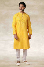 Raivat Ethnic Cotton Printed Work Kurta Pajama In Yellow Colour