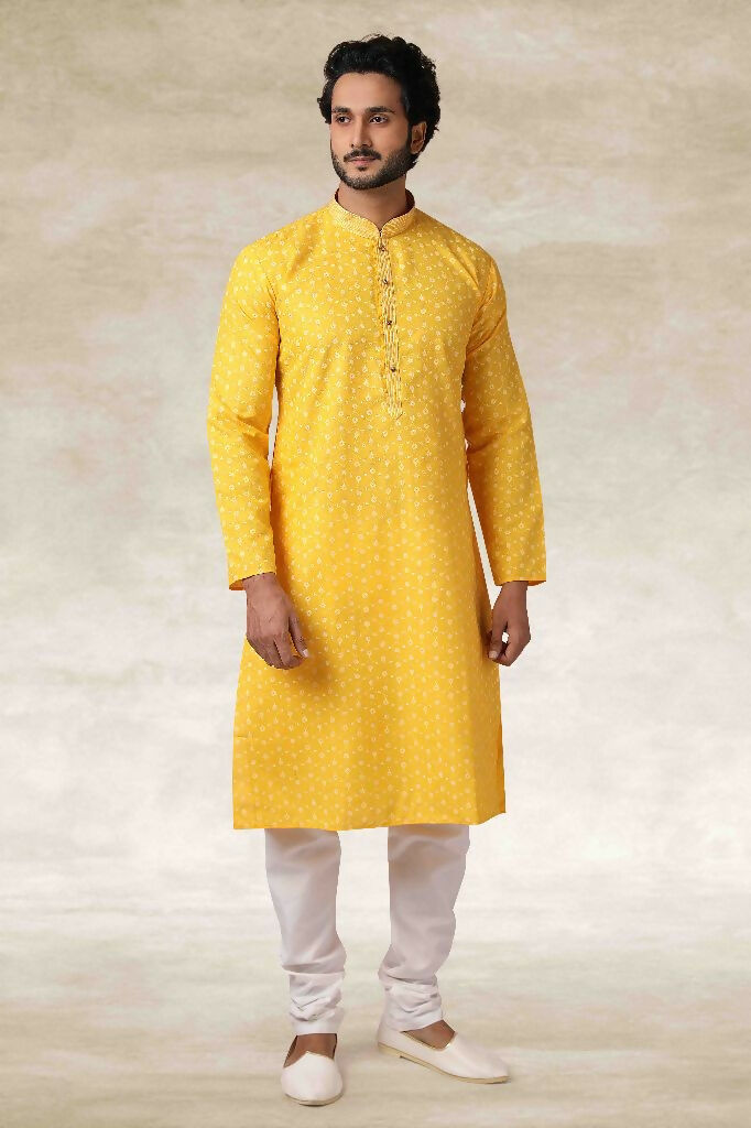 Raivat Ethnic Cotton Printed Work Kurta Pajama In Yellow Colour