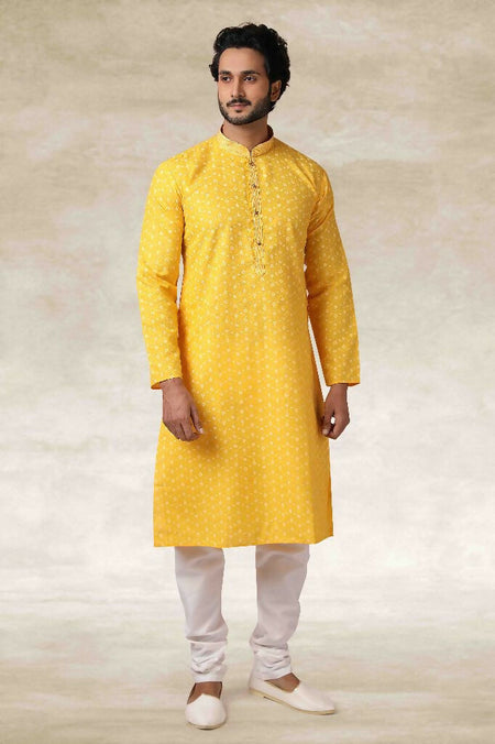 Raivat Ethnic Cotton Printed Work Kurta Pajama In Yellow Colour