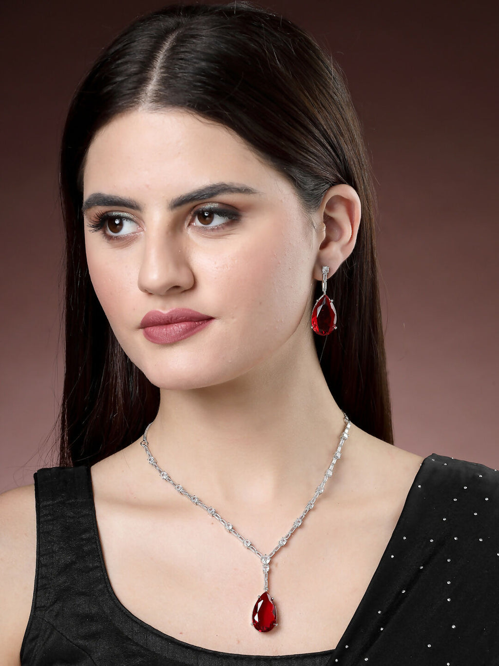 NVR Women's Silver-Plated Red Artificial Stones Studded Handcrafted Jewellery Set