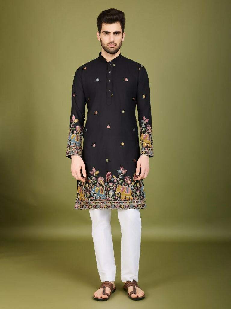 Vastranavya Black Exclusive Festival Wear Cotton Sequence Embroidered & Thread Work Kurta