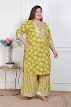 Miravan Plus Size Women'S Lime Yellow Block Printed Kurta With Palazzo - Distacart