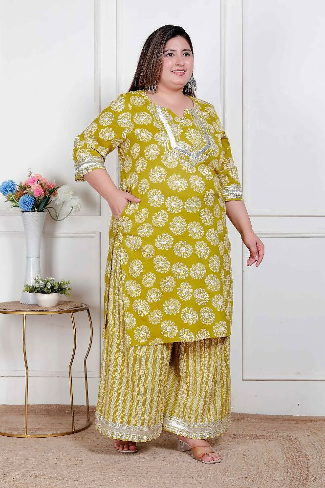 Miravan Plus Size Women'S Lime Yellow Block Printed Kurta With Palazzo - Distacart