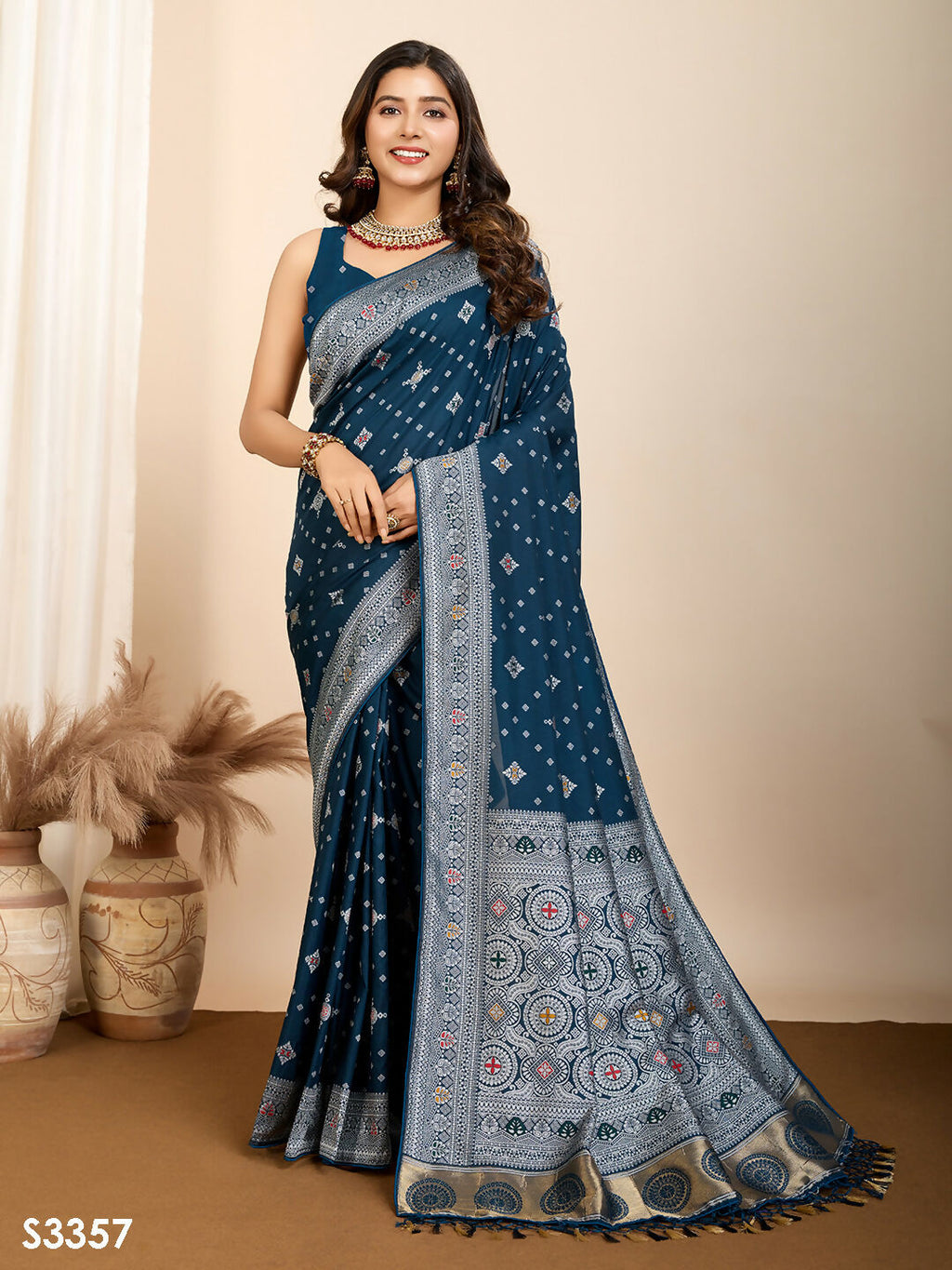 Teal Blue Soft Silk Woven Meenakari Designer Saree - Vedanti