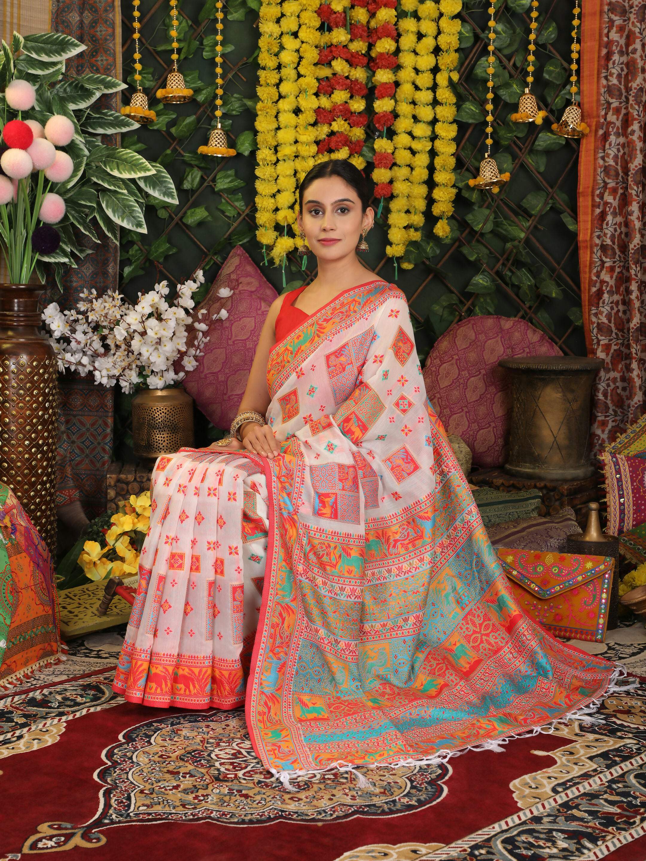 Shree Shyam Fashion Linen Cotton White Saree - Distacart