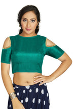 Aastha Fashion Women's Sea Green Art Silk Cold Shoulder Sleeve Readymade Blouse