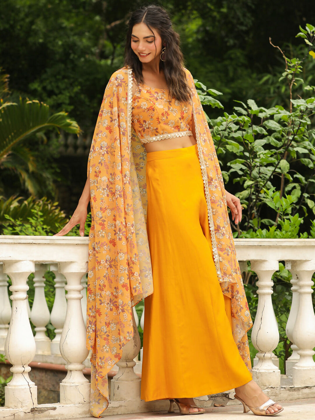 Janasya Mustard Georgette Floral Top Bottom Cape