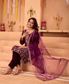 Joban Fashion Purple Kurta Set Velvet Embroidery Sequence Work - Distacart