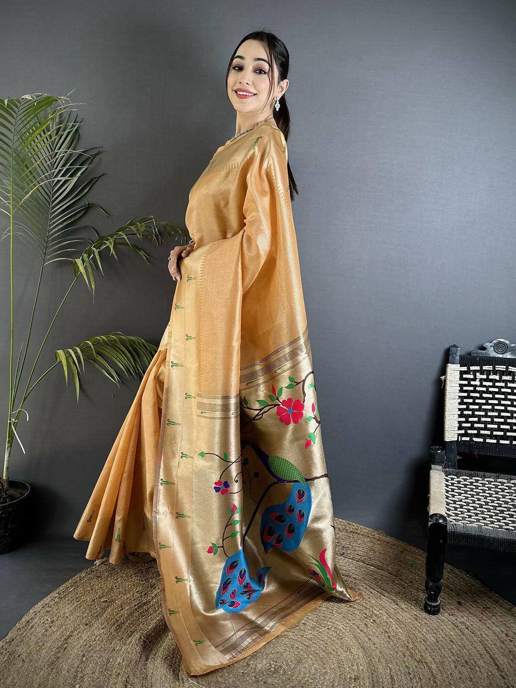 Joban Fashion Gold Yellow Peacock & Floral Motifs Tissue Paithani Saree - Distacart