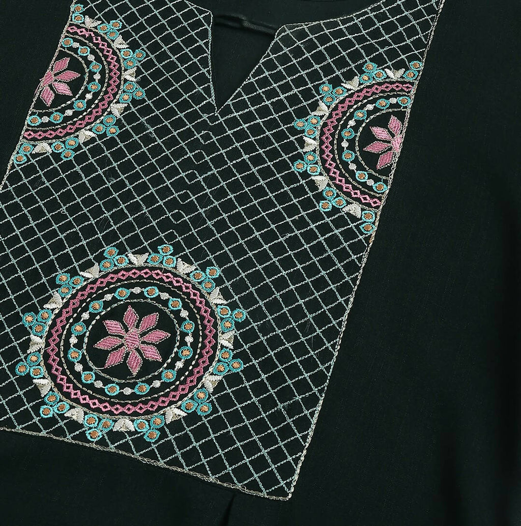 Green Rayon Yoke Embroidered A-line Top - Tarini