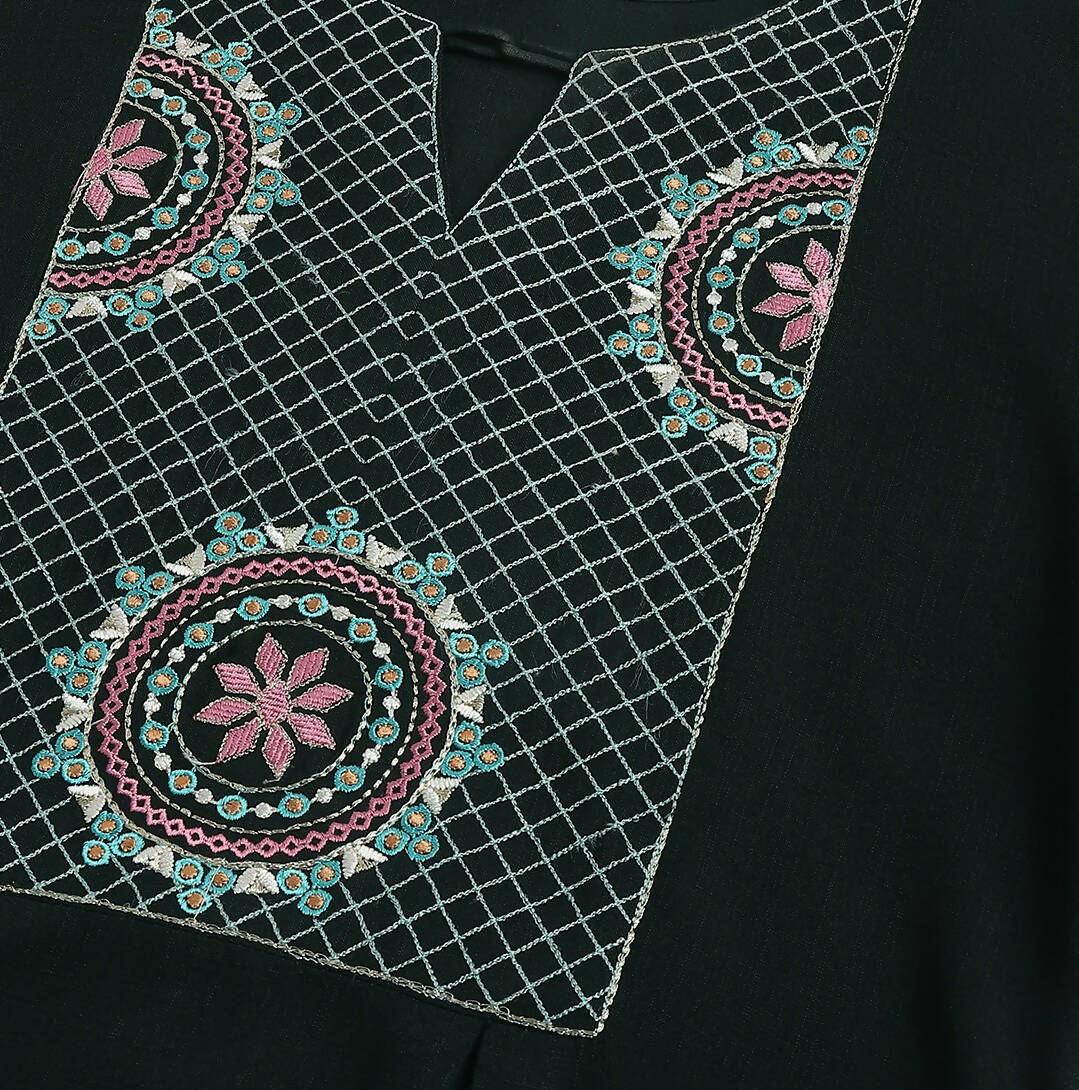 Green Rayon Yoke Embroidered A-line Top - Tarini
