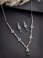 NVR Women's Silver-Plated Green American Diamond Studded Jewellery Set