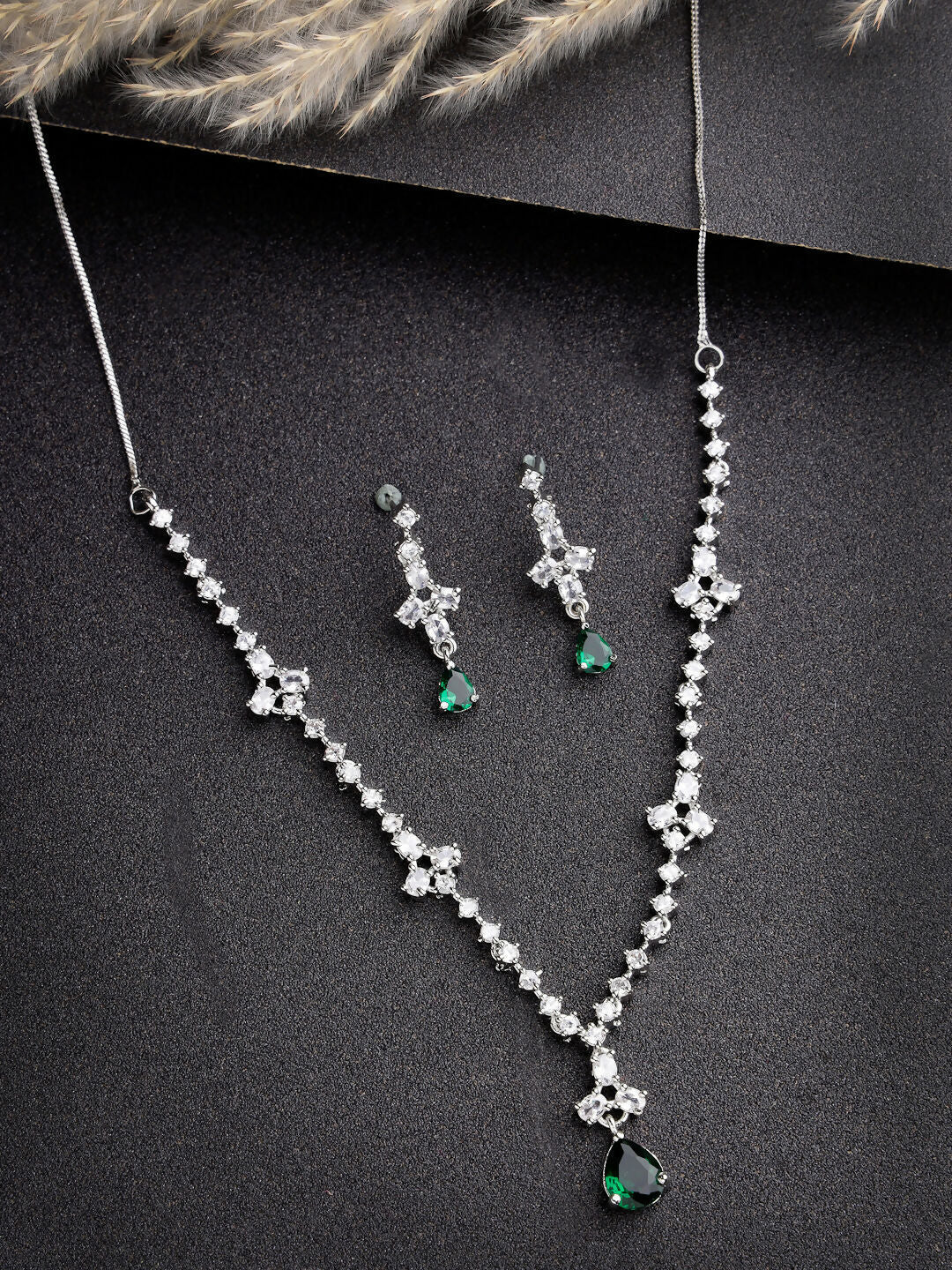 NVR Women's Silver-Plated Green American Diamond Studded Jewellery Set
