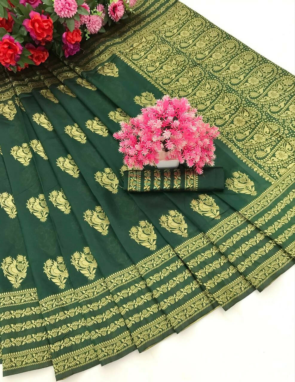 DEIANA'S Beautiful Designer Golden zari Soft Lichi Silk Saree - Green