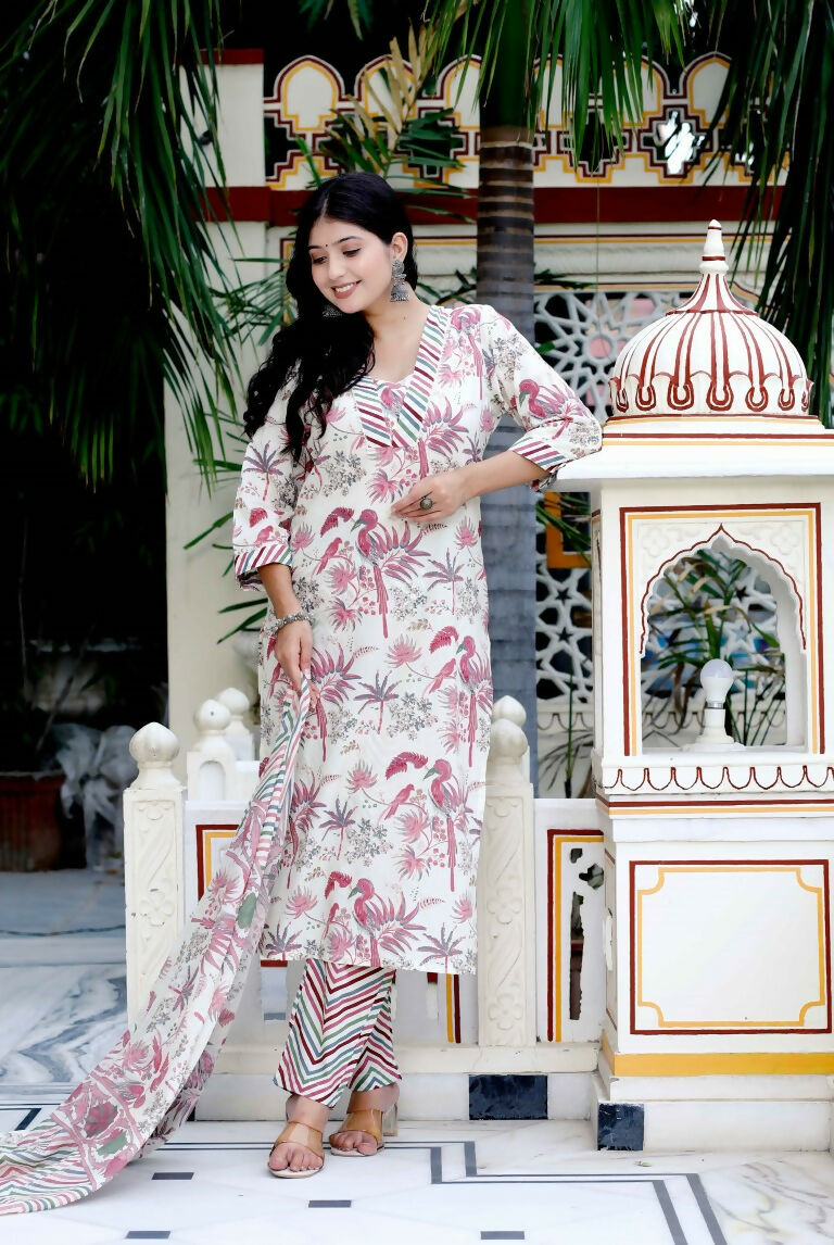 Miravan Women's Cotton Light Pink Scenic Birds And Leaf Straight Pakistani Style Suit Set
