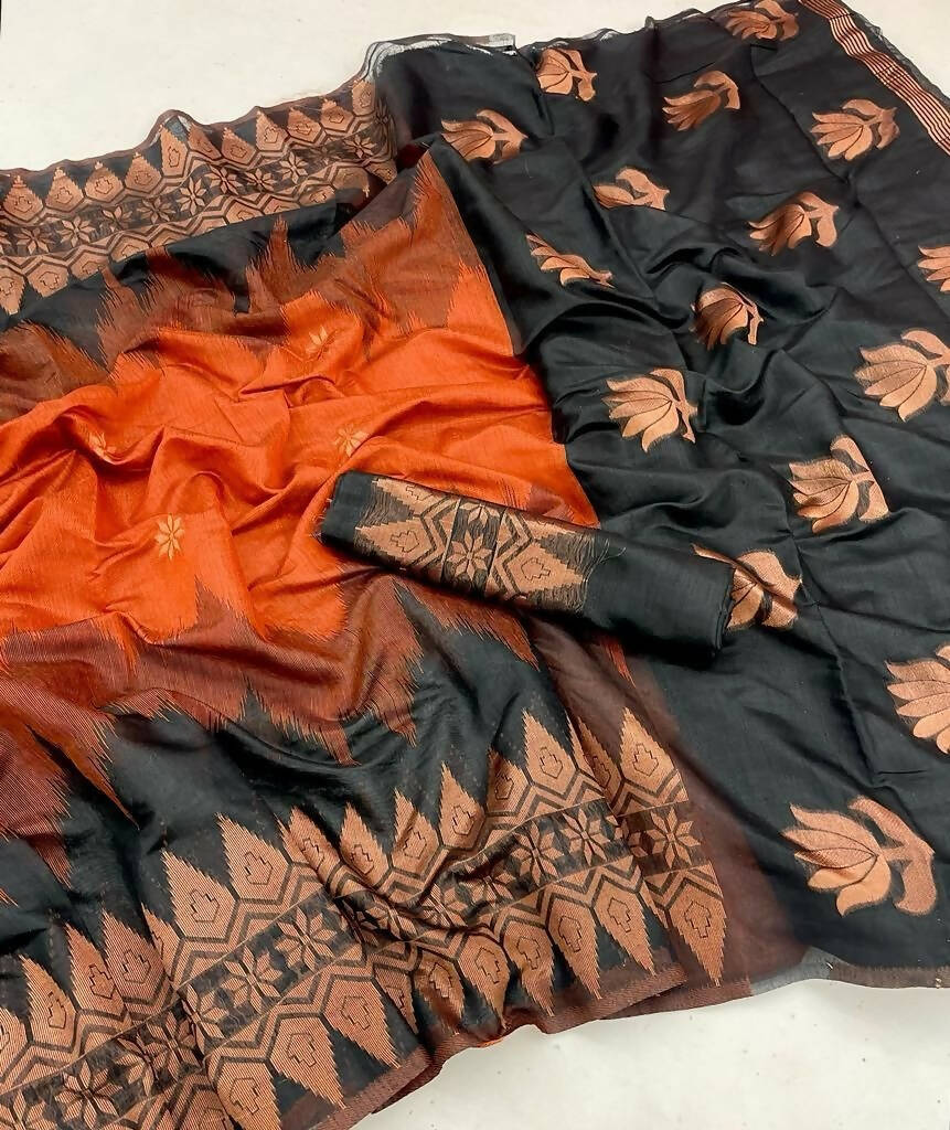 DEIANA'S Beautiful Designer Golden zari Soft Lichi Silk Saree - Orange