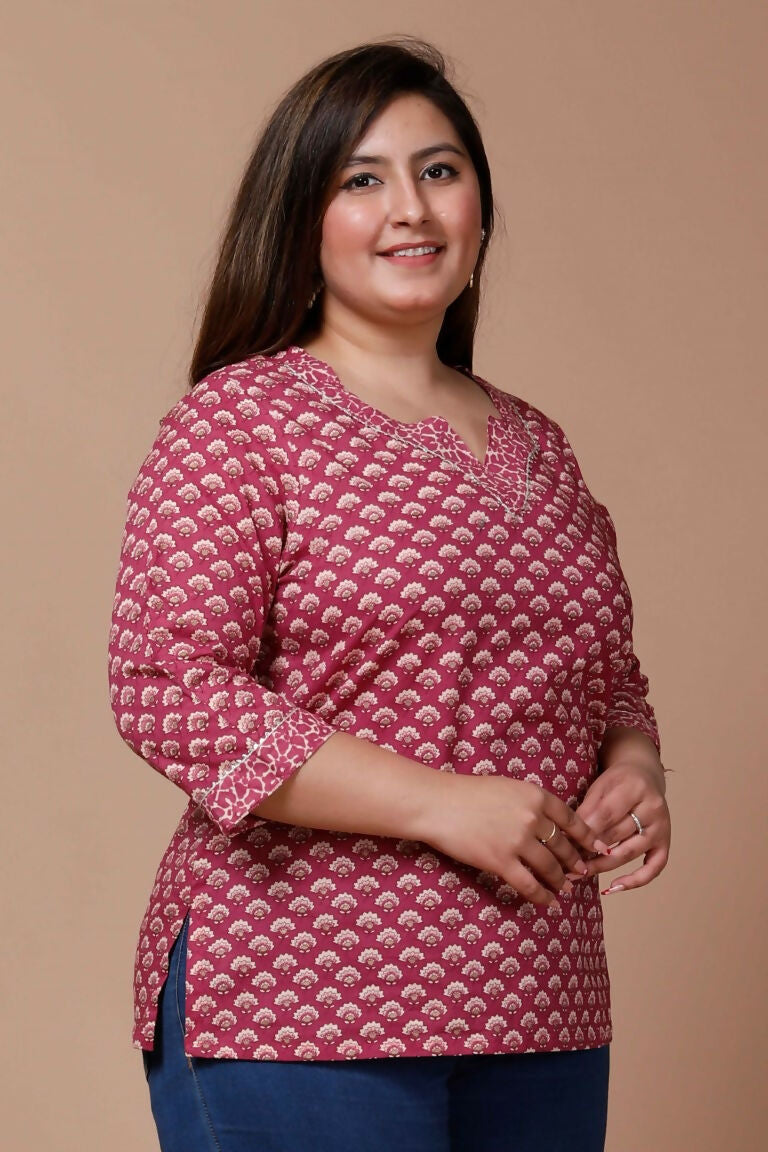 Miravan Women's Plus Size Pink Floral Printed Cotton Kurti