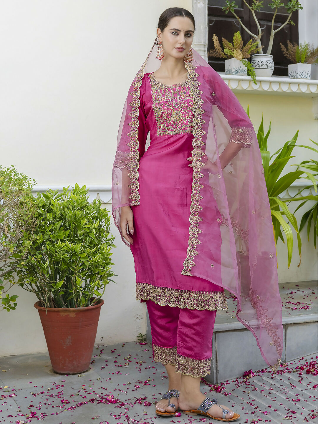Vellora Rich Rani Pink Embroidery Work Readymade Salwar Suit