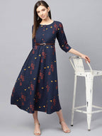Yufta Women Navy Blue & Orange Quirky Printed Maxi Dress