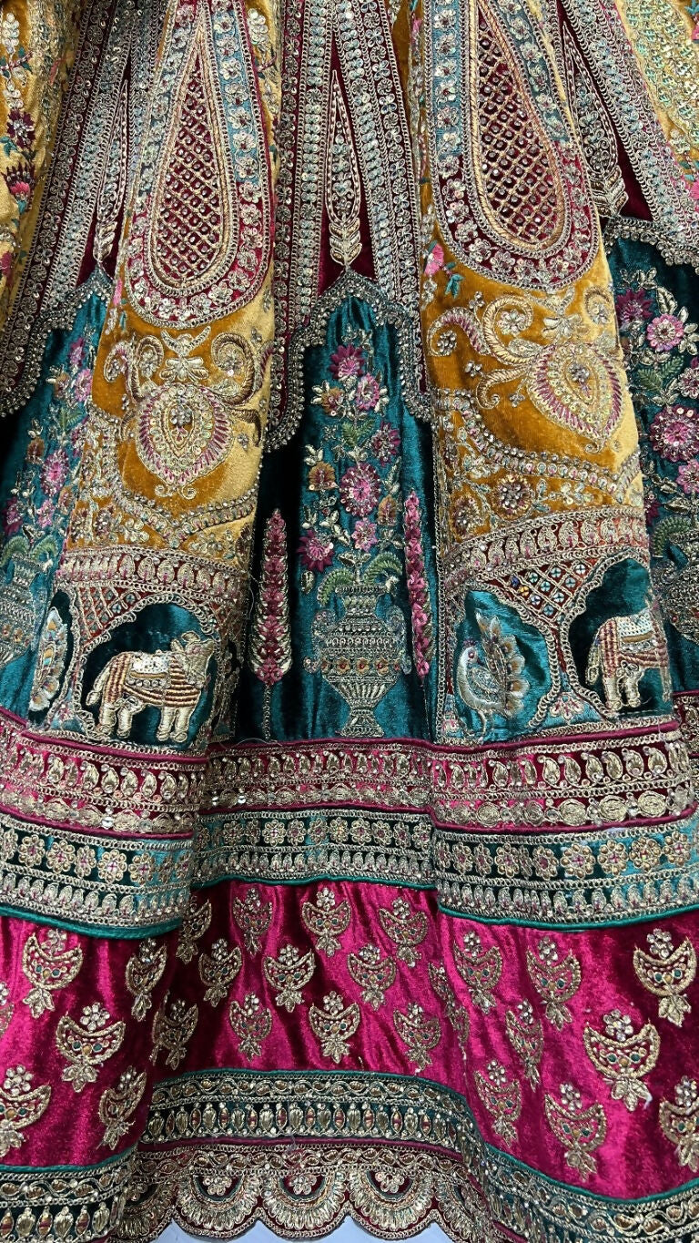 Jyoti Fashion Women's Mustard Velvet Multi Thread Embroidered, Patch Work with Zircon Diamond Wedding Lehenga Choli