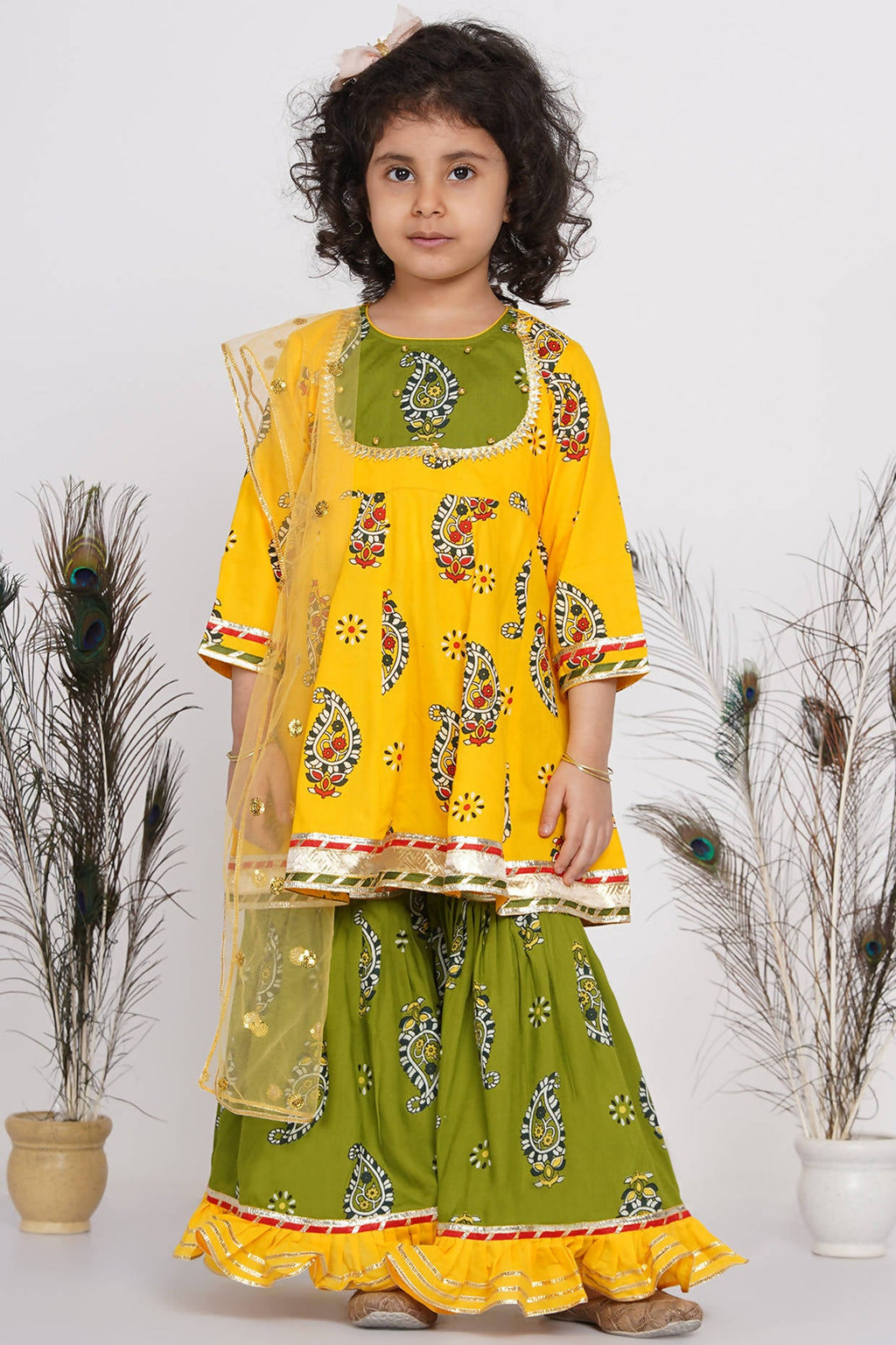 Little Bansi Girls Cotton Floral Kurta with Frill Sharara & Dupatta - Yellow & Green