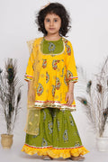 Little Bansi Girls Cotton Floral Kurta with Frill Sharara & Dupatta - Yellow & Green